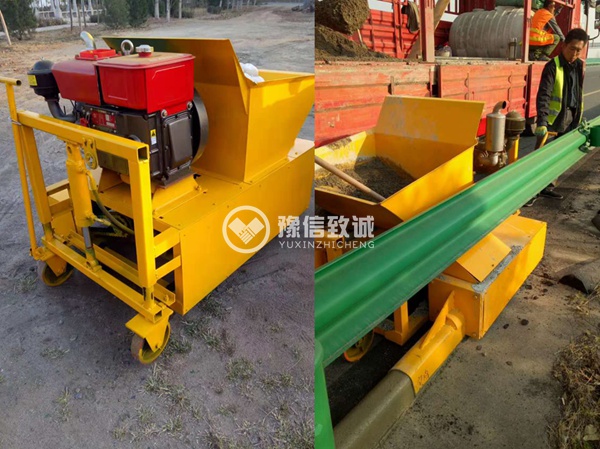 馬路邊攔水帶滑膜機,攔水帶攤鋪機施工現場